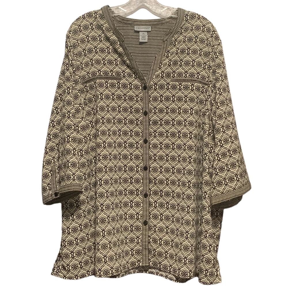 CATHERINES Top 2X Boho Print Black & Cream Button Down 3/4 Sleeves Blouse
